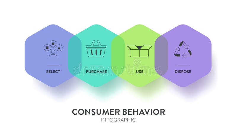 Consumer behavior strategy framework infographic diagram chart illustration banner with icon vector has select, purchase, use and royalty free illustration
