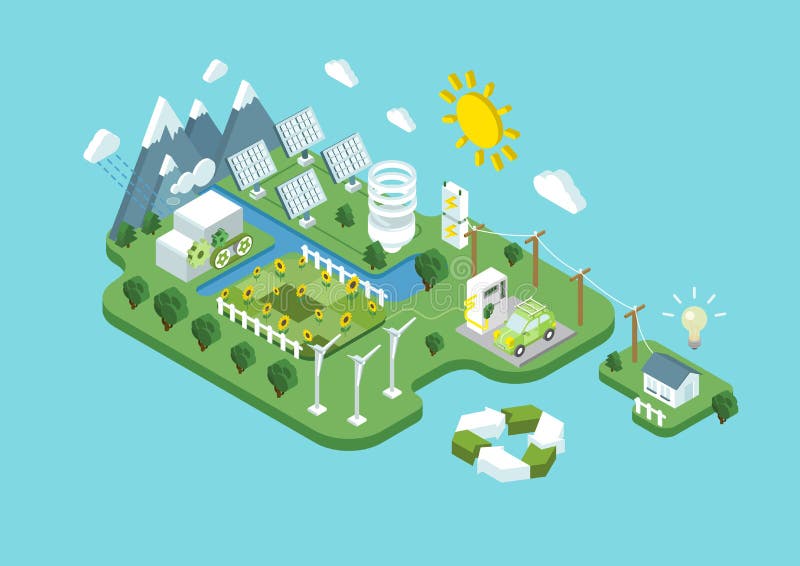 Consumo isometrico piano dell'energia rinnovabile di verde di ecologia 3d