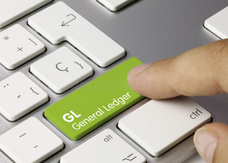 GL General Ledger Written on Green Key of Metallic Keyboard. Finger pressing key. GL General Ledger Written on Green Key of Metallic Keyboard. Finger pressing key