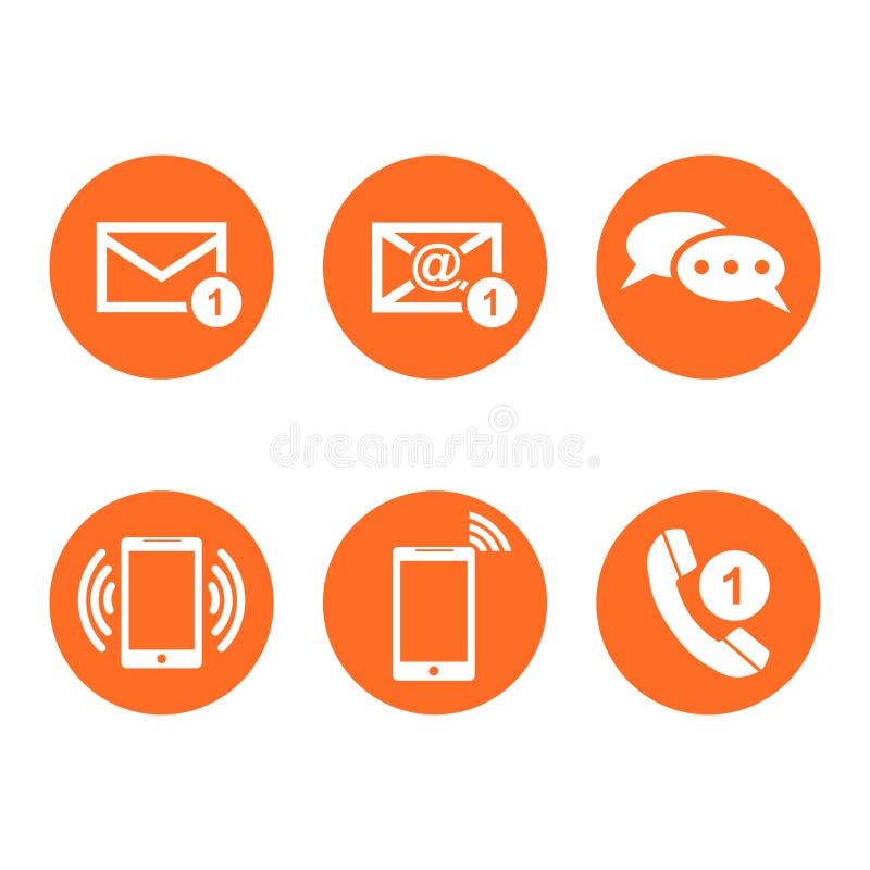 Contact buttons set icons. Email, envelope, phone, mobile. Vector illustration in flat style on round orange background.