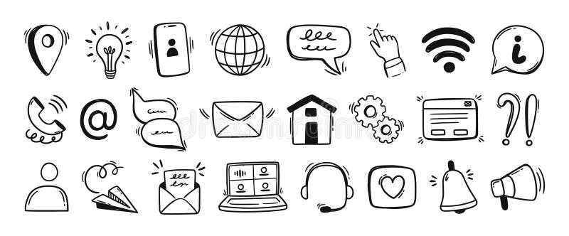 Contact doodle icons. Communication and support with phone, chat and message for hotline help or user interface. Globe, pointer royalty free stock photography