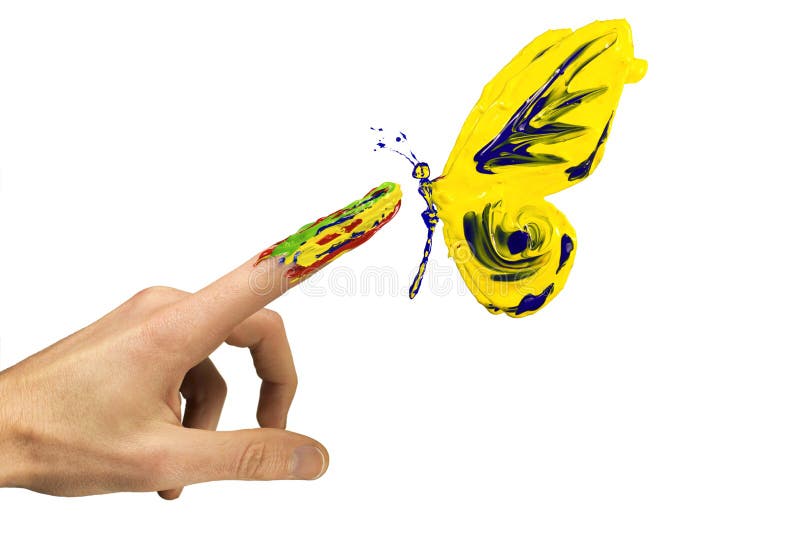 Contact entre le doigt et le papillon jaune peint illustration stock