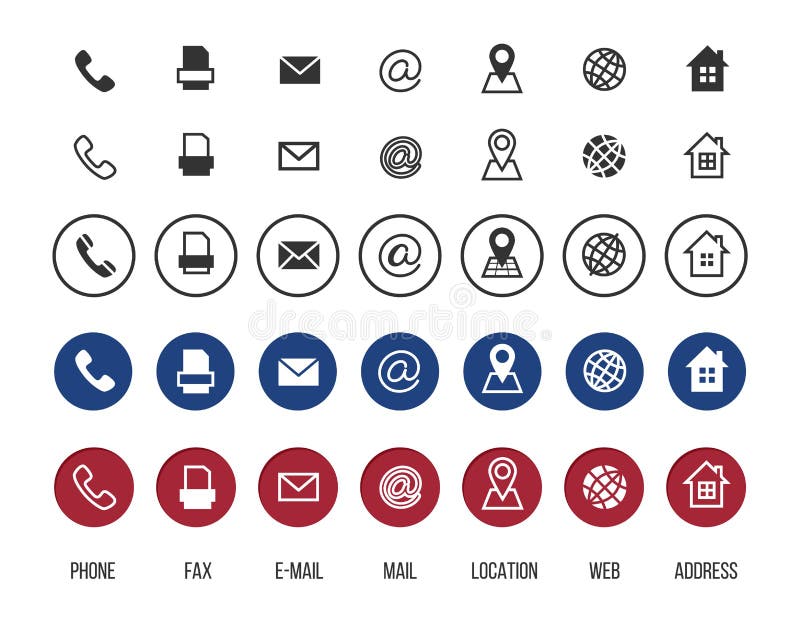 Contact icons. Business card vector symbols collection. Information icons, location, address, mail, fax, web set