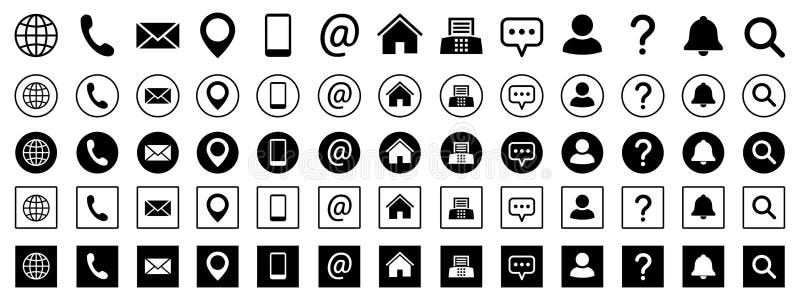 Contact icons set, contact us. Web icons set email, phone, web, location, home, address, faq, information, support, search icon royalty free illustration