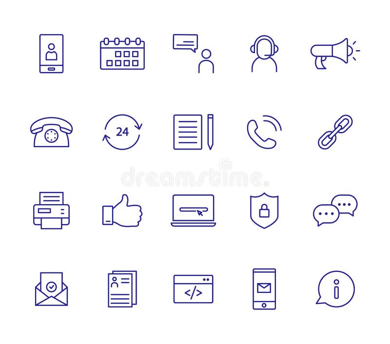 Contact us line icon set. Email thin outline icon address web mail flat calendar vector pictogram call contact us stock illustration