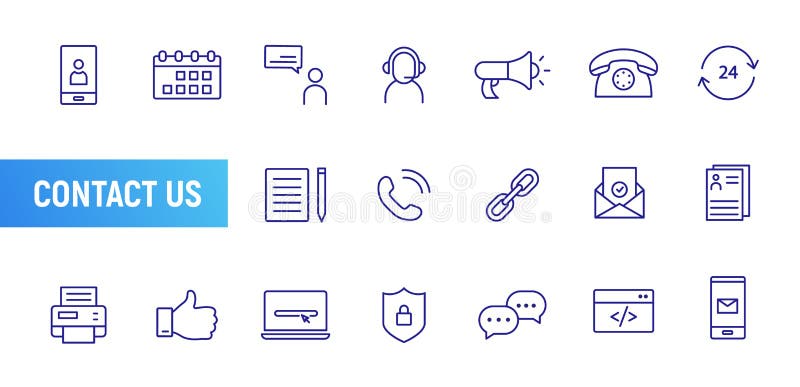 Contact us line icon set. Email thin outline icon address web mail flat calendar vector pictogram call contact us stock illustration
