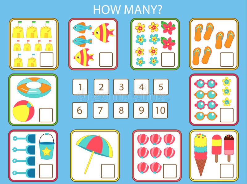 Contagem De Jogos Educacionais Infantis. Adição De Números De Matemática Do  Estudo. Atividade Matemática Infantil No Verão Ilustração do Vetor -  Ilustração de vetor, kindergarten: 221858965