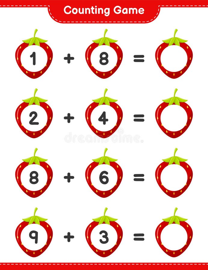 Quantos jogos de contagem com morango. planilha para crianças em idade  pré-escolar, planilha de atividades para crianças, planilha para impressão