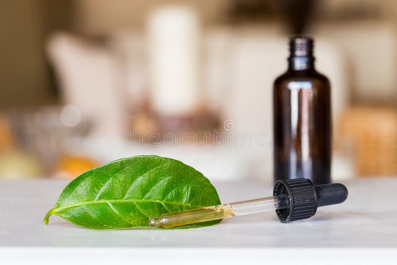 Contagoccia con liquido con una bottiglia e una foglia verde fotografia stock libera da diritti Contagoccia con liquido con una bottiglia e una foglia verde fotografia stock libera da diritti