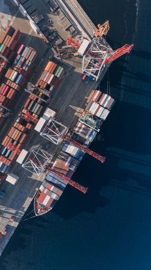 Container cargo ship in import export business logistic, Freight transportation, Aerial view.