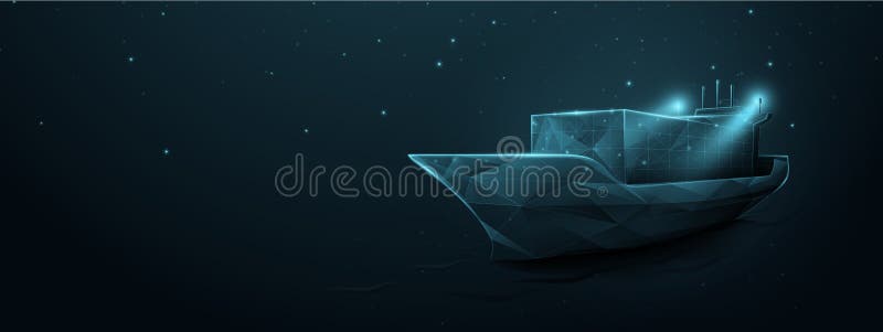 Container cargo ship in the ocean. Logistics and transportation. 3D Low polygon, wireframe style royalty free illustration