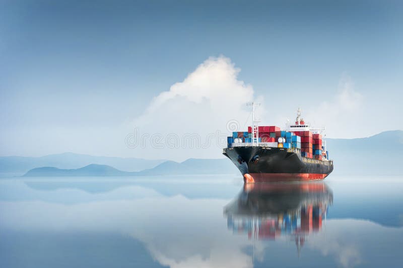 Container cargo ship in the ocean at sunset blue sky background with copy space, Global business logistics import export goods