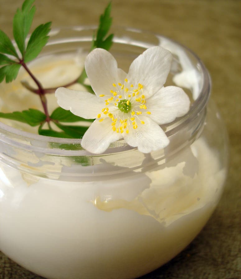 Envase de cosmético hidratante crema blanco flor.