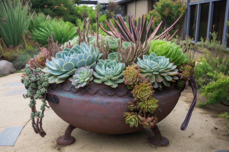 Container Garden with Succulent and Droughttolerant Plants Stock Image