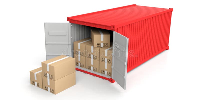 Container and moving boxes on white background. 3d illustration