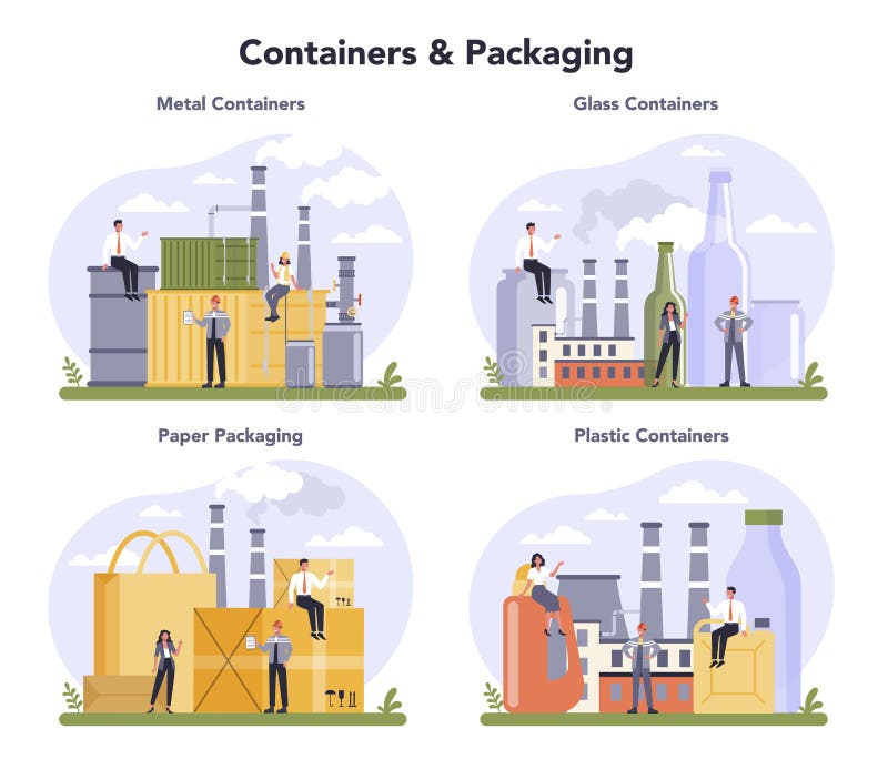 Container and Packaging Industry Set. Metal, Glass, Paper and Plastic