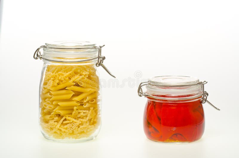 Container with pasta and canned pepper