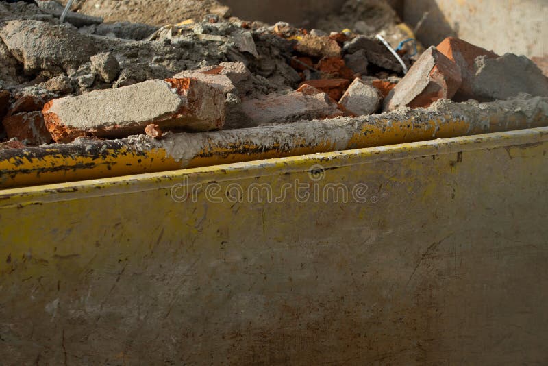 Bricks and Rubbish after Demolition with Rotten and Rusty Metals Stock