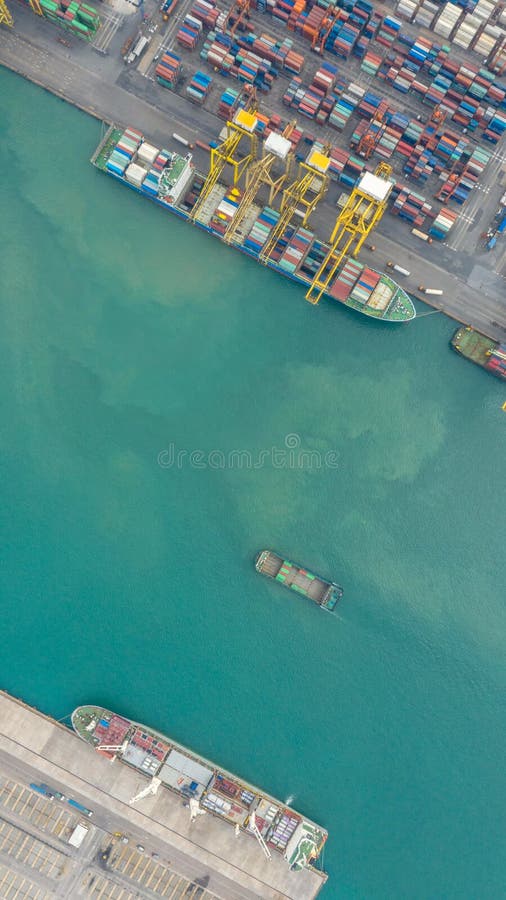 Container Ship In Export And Import Business Logistics And Transportation. Cargo And Container Box Shipping To Harbor By Crane.