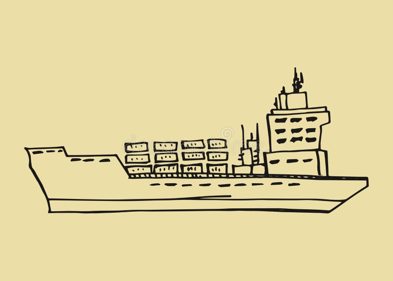 Container Ship Icon. Color Vector Illustration. Sketch Hand Drawing