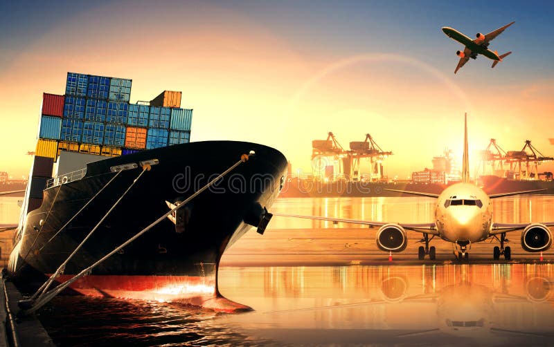 Container ship in import,export port against beautiful morning l