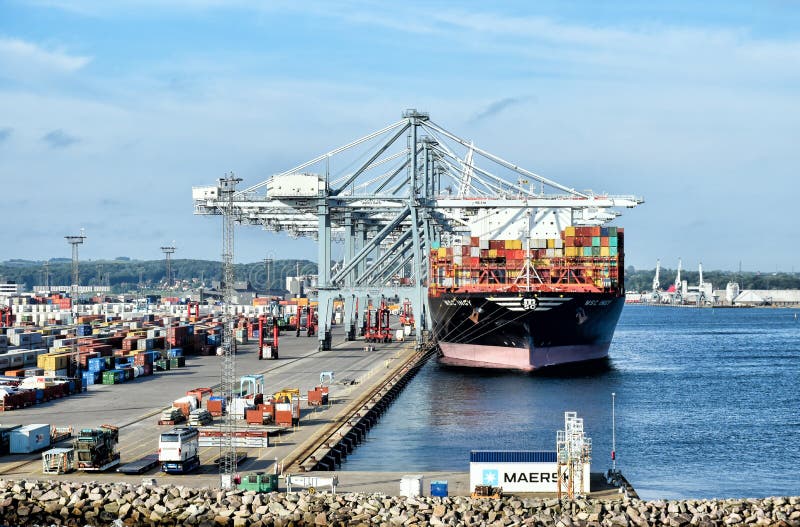 The container ship MSC INGY has docked in the port of Aarhus Denmark and is loading and unloading stock photos