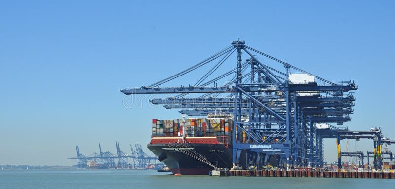 Container Ship MSC Venice loading - unloading at the Port of Felixstowe stock image