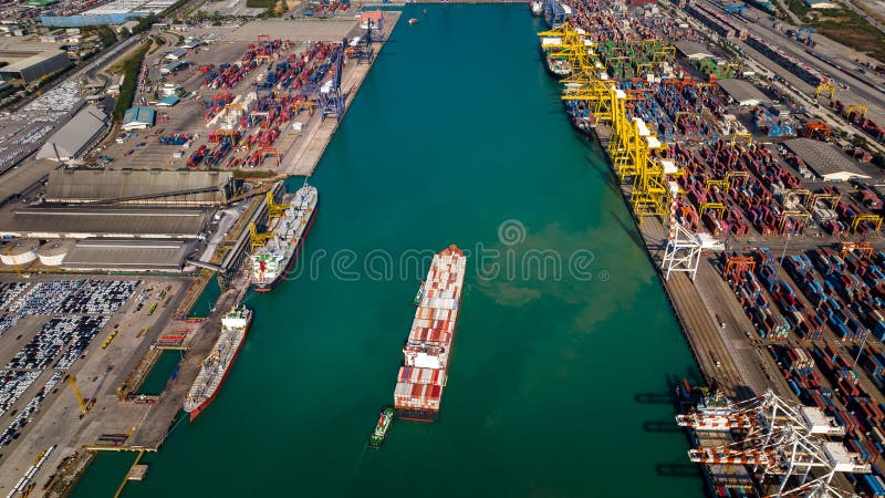 Container ship and shipping port loading and unloading cargo from container ship import and export by crane for distributing goods stock photography