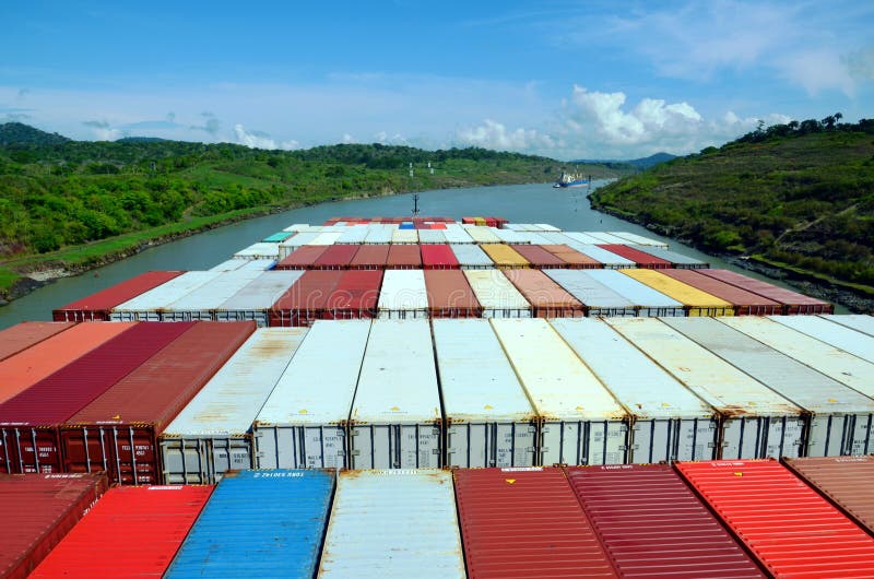 Container Ship Transiting through Panama Canal. Stock Image Image of