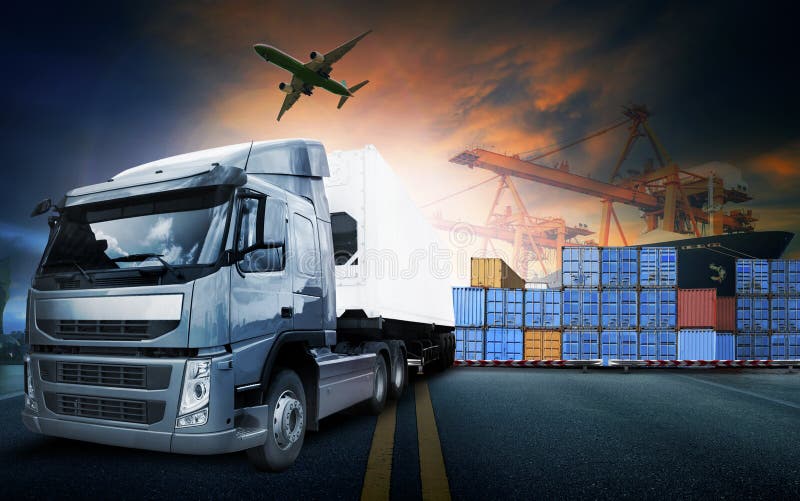 container truck ,ship in port and freight cargo plane in transport and import-export commercial logistic ,shipping business indus