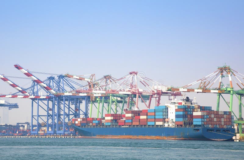 Container vessel unloaded in Port of kaohsiung royalty free stock photo