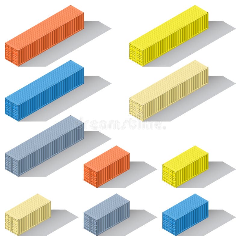 Containerele de mare pentru patruzeci și douăzeci de picioare, cu diferite culori și pictograme izometrice stabilite stock illustration