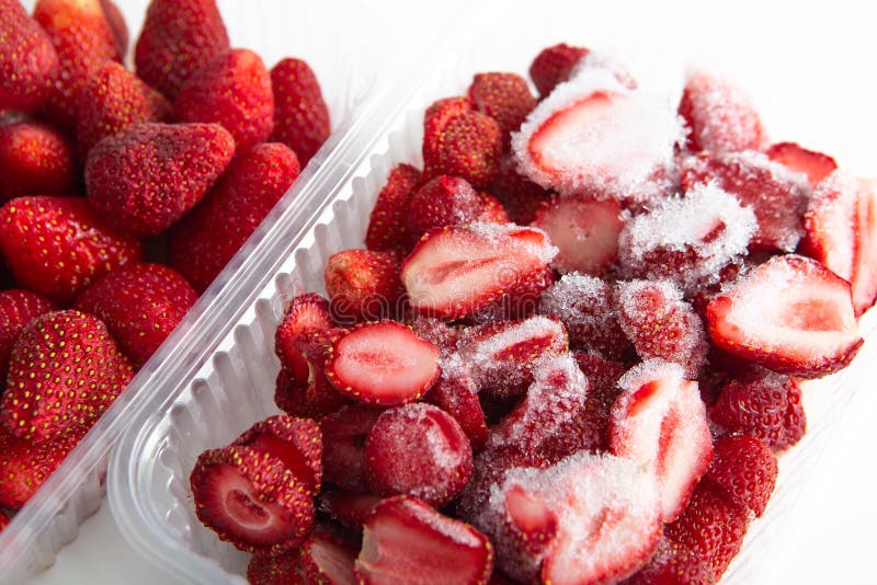 Containers with Fresh Frozen Strawberries. Frozen Organic Ingredient ...