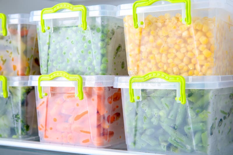Containers with Frozen Vegetables in Refrigerator Stock Image Image