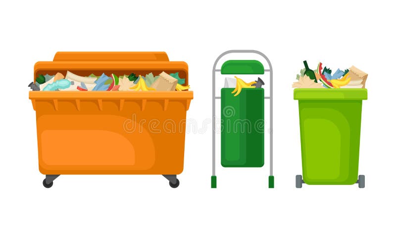 Containers for garbage set. Metal and plastic bins for household waste vector illustration stock illustration