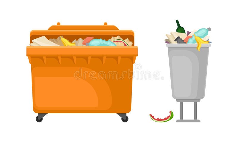 Containers for garbage set. Metal and plastic bins for waste vector illustration stock illustration