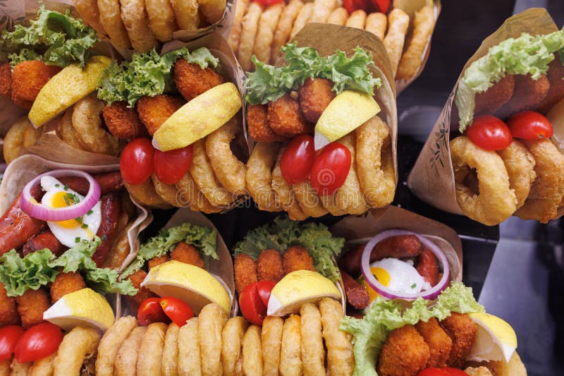 Containers Ready for Quick Food Consumption with Fried Fish with Lemon, Onion and