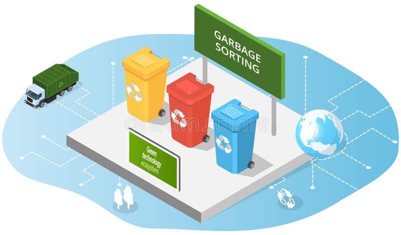 Containers for rubbish, colored trash cans. Garbage sorting, waste management, recycling concept royalty free illustration