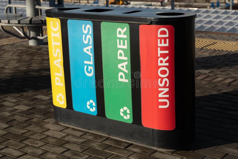 Containers for separate waste collection. Translation: &x22;Plastic,Glass, Paper, Unsorted