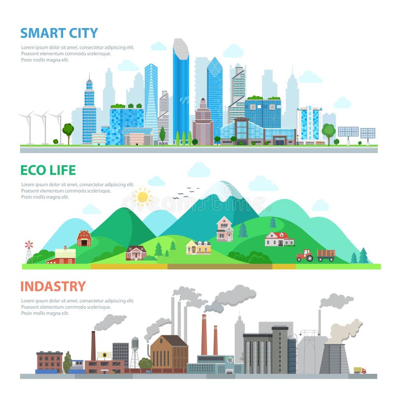 Contaminación elegante plana de la naturaleza de la industria de la vida de Eco de la ciudad ilustración del vector