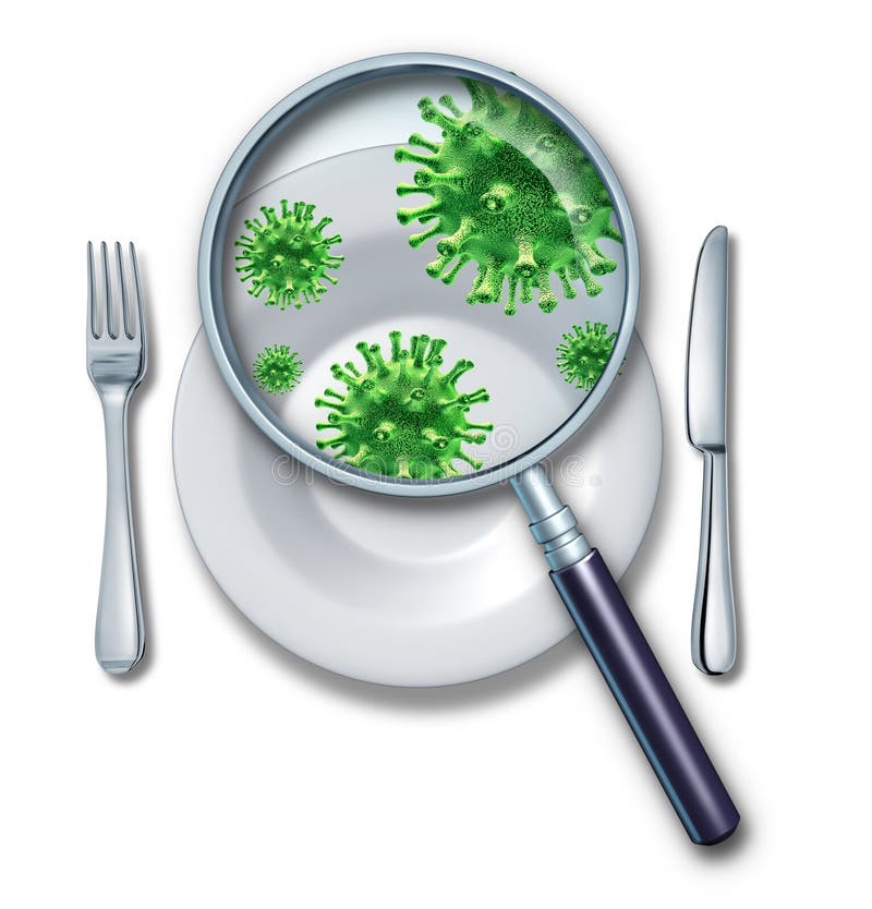 Alimenti contaminati avvelenamento di concetto e di malattia di origine alimentare, a causa di pericolosi tossici, batteri, parassiti e virus contaminanti come la salmonella e il controllo degli alimenti con una lente di ingrandimento controllando la carne cruda e produrre.