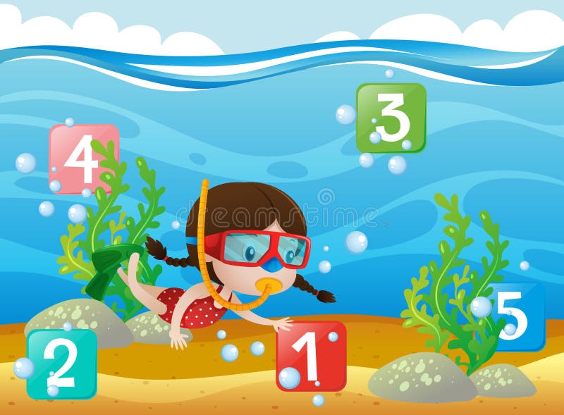 Contando números con la muchacha que se zambulle bajo el agua libre illustration Contando números con la muchacha que se zambulle bajo el agua libre illustration