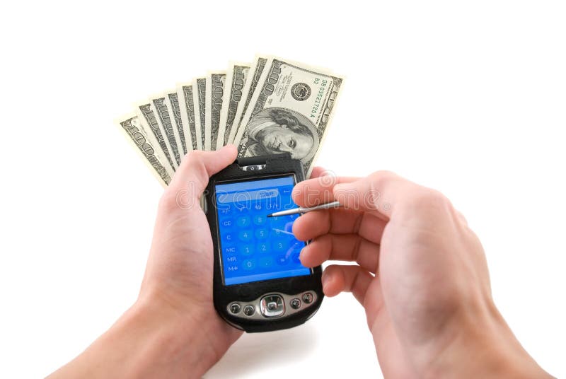 Palm computer with money in hands, isolated white. Palm computer with money in hands, isolated white