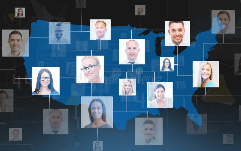 Contactos de negócios sobre mapa dos EUA ou da América foto de stock royalty free