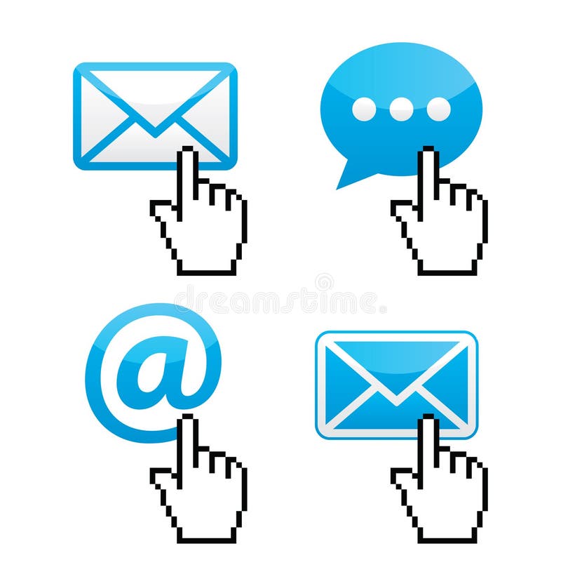 Contatto - busta, email, fumetto con le icone della mano del cursore illustrazione vettoriale Contatto - busta, email, fumetto con le icone della mano del cursore illustrazione vettoriale