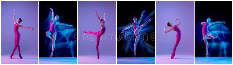 Flexibility and emotions. Collage of portraits of female ballet dancers dancing on dark studio background in neon mixed