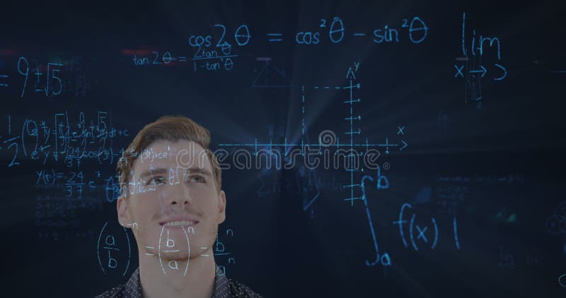 Contemplating mathematical equations and graphs, man focusing on problem-solving task. Analysis, algebra, concentration, mathematics