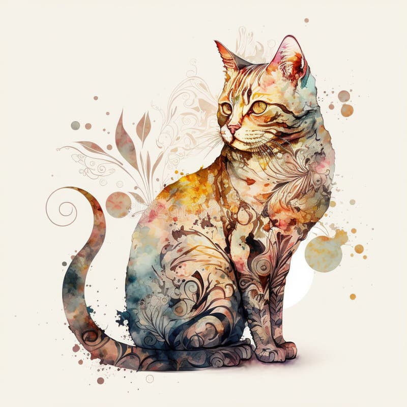 Contemporary Abstract Art Work of Cat with Colorful Color Texture Stock