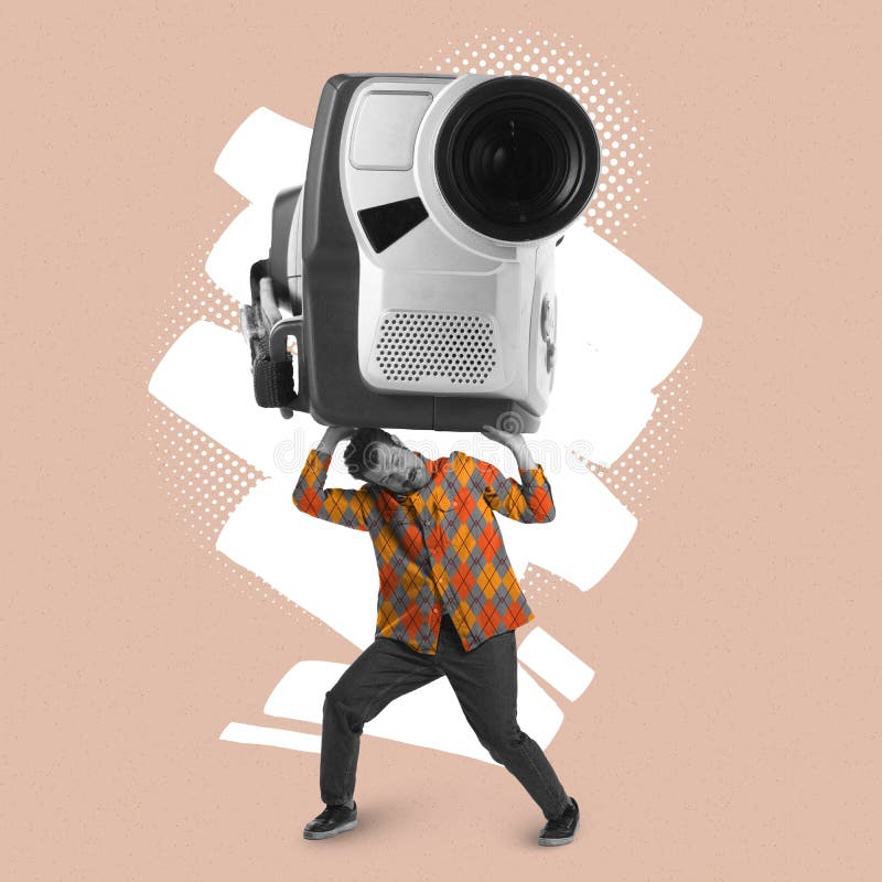 Contemporary art collage. man holding giant video camera isolated over peach background. Film maker