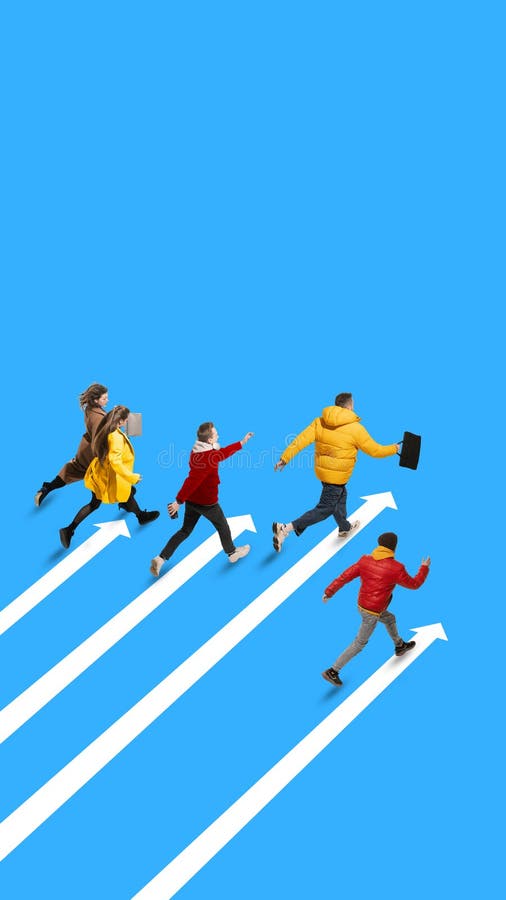 Contemporary art collage. Men and women, students workers running following direction on white arrow path against blue royalty free stock photos